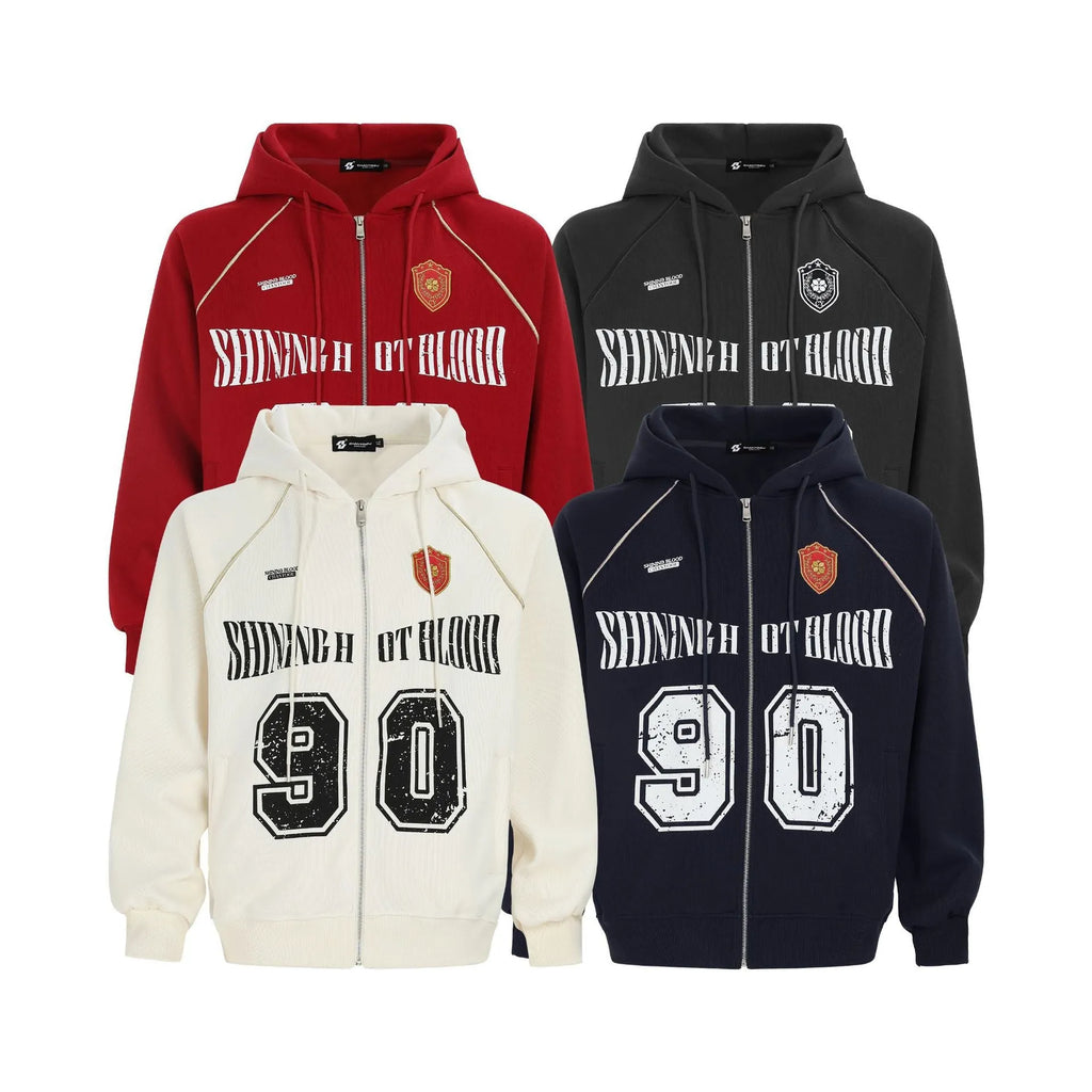 Women's loose red American retro jacket with white letter embroidery on front, hood up.
