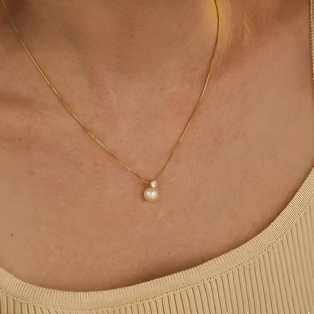 St Delan women's necklace with imitation pearl and zircon pendant on stainless steel box chain, gold colour option, New Chinese style