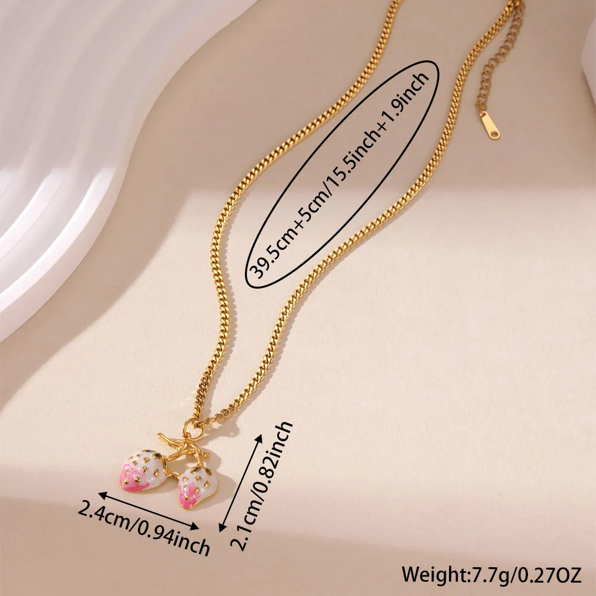 Stainless steel necklace with a detailed strawberry fruit pendant in red or white gradient finish.