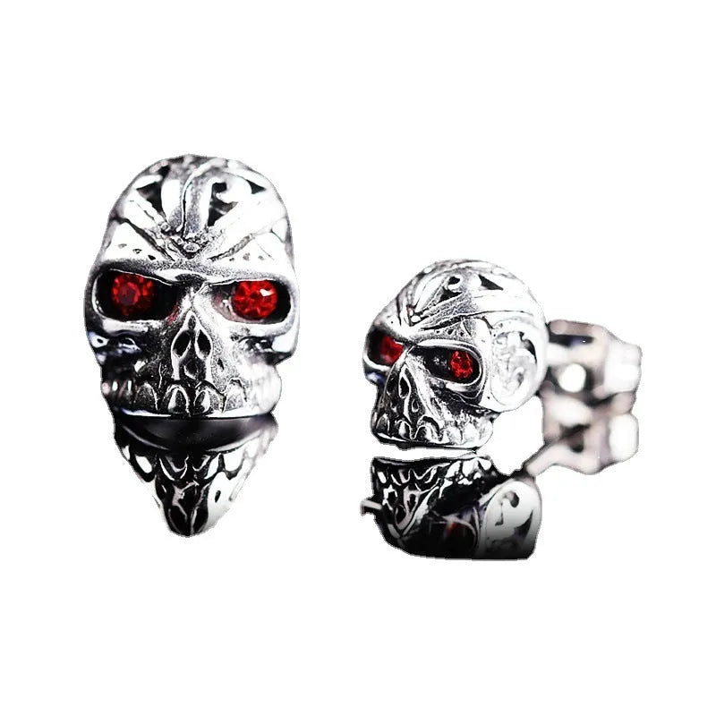 Retro red eye ghost head skull stud earrings with alloy and artificial gemstone construction