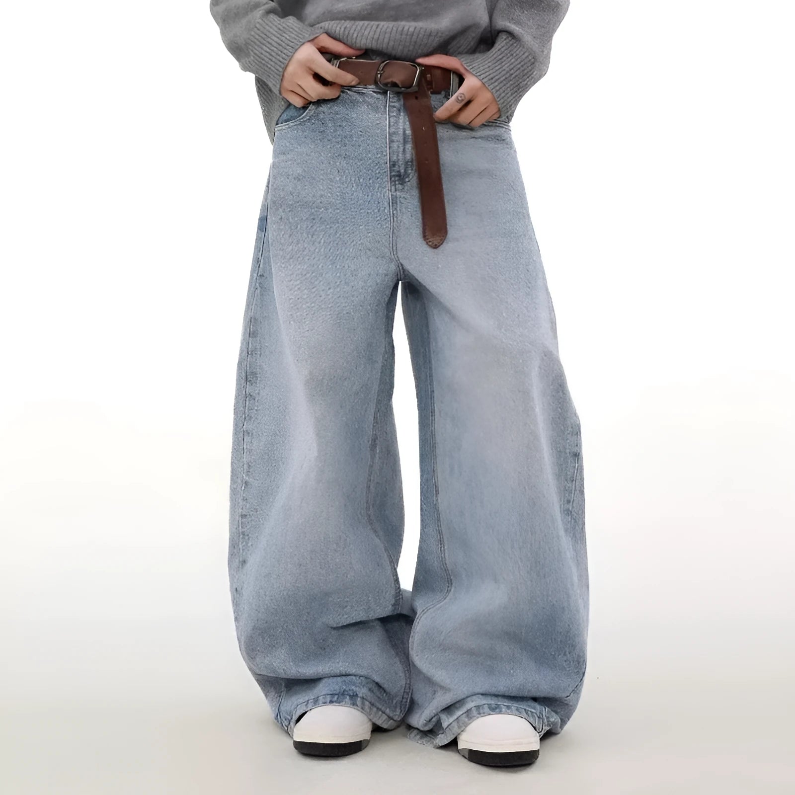 Men's blue retro washed distressed straight jeans with mid waist and zipper fly, casual denim trousers