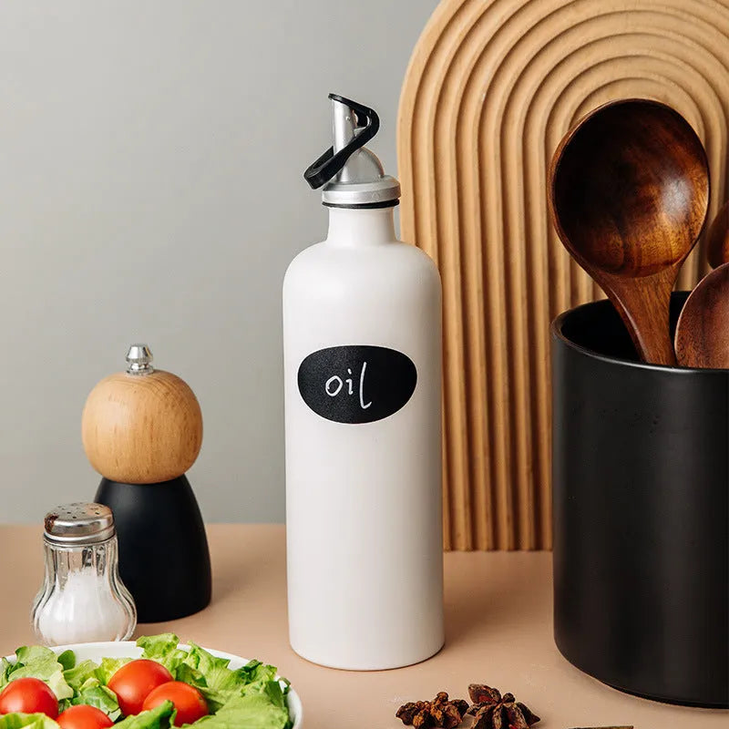 Ceramic oil pot with integrated oil brush and conical funnel design in black, coffee, or white colour