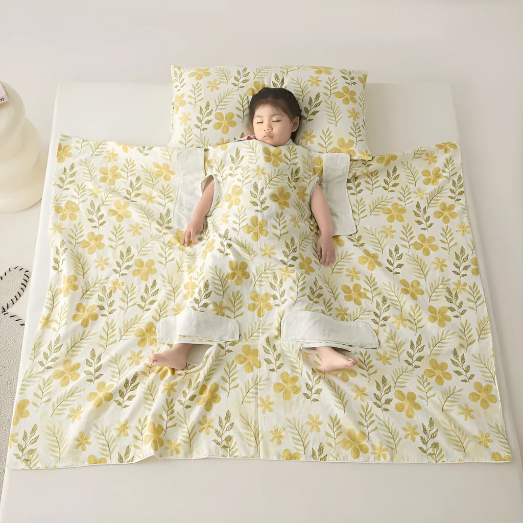 Light blue anti-kick summer blanket with antibacterial filler on a bed