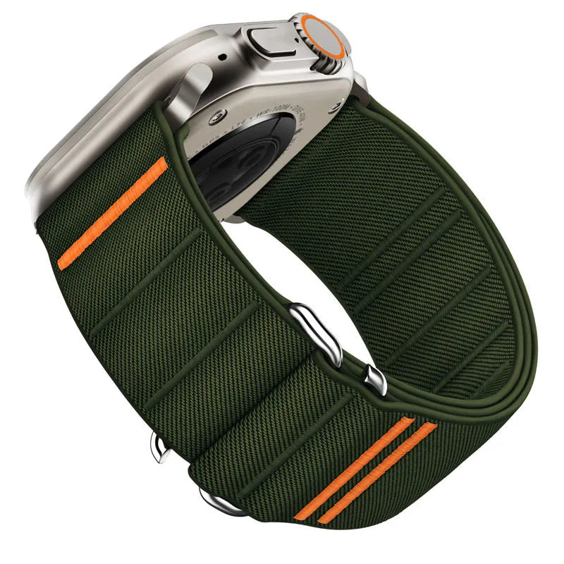 Elastic nylon sport loop strap with stainless steel buckle for Apple Watch, shown in multiple colour options.