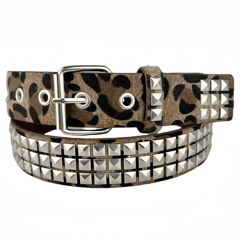 Women's punk fashion belt with metal rivets and pyramid studs in leopard print pattern