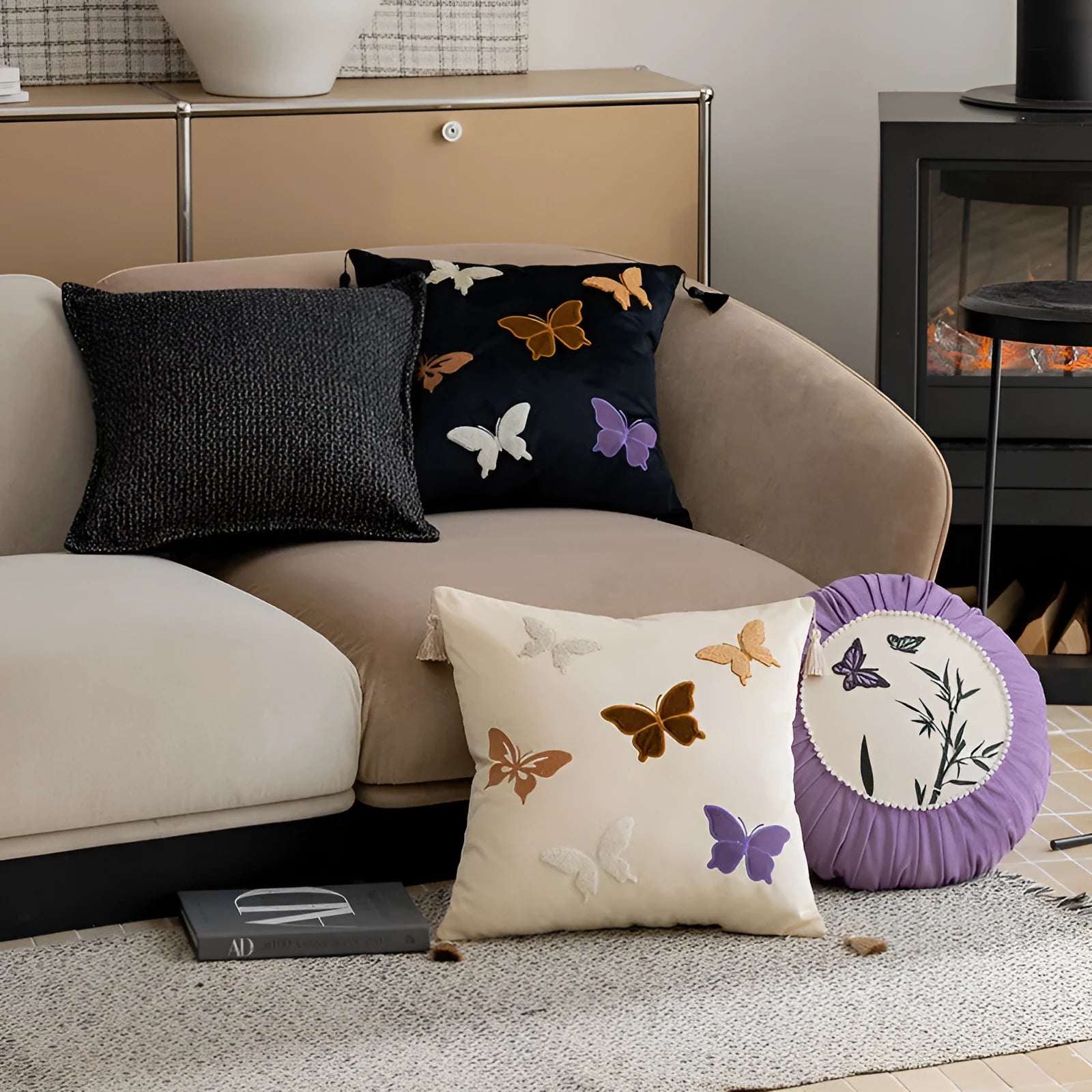 Chinese embroidery butterfly pattern cushion in beige, black, and purple colours