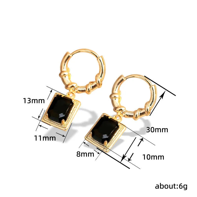 Black geometric copper earrings with zircon stones in French court drop design