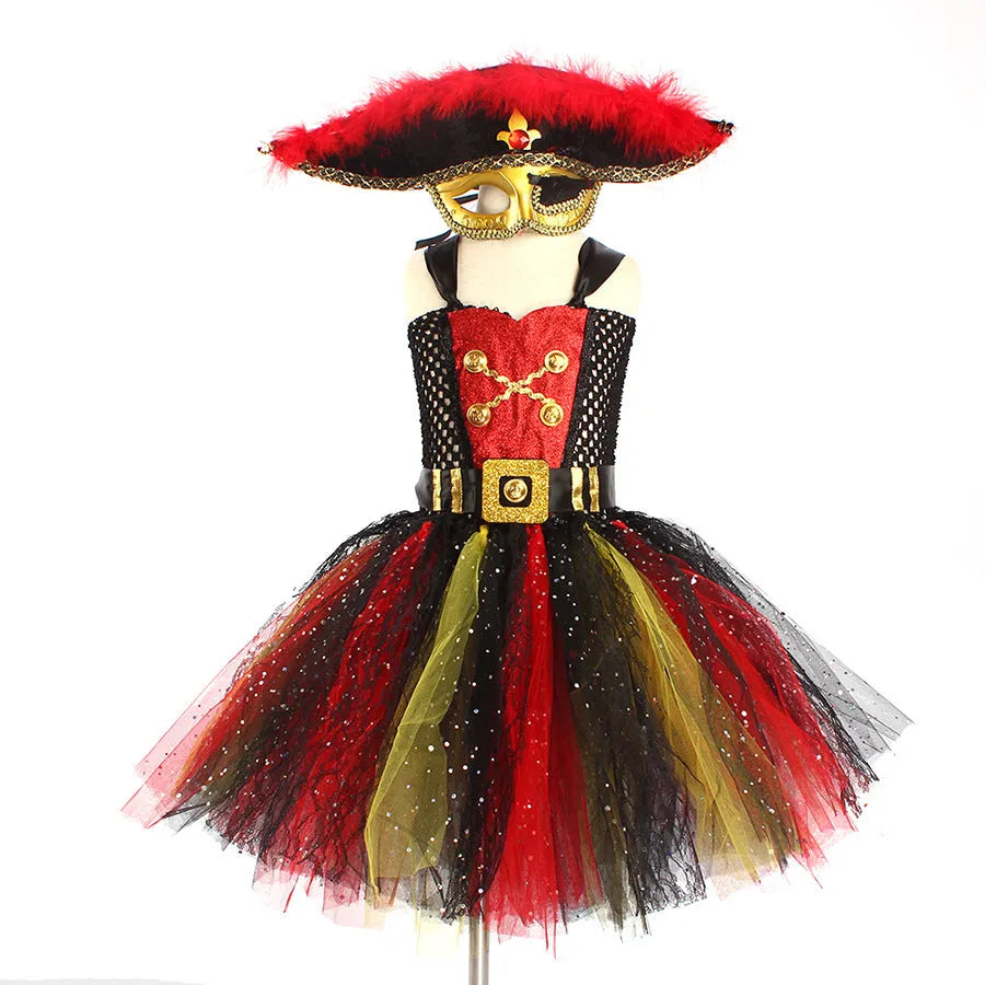 Girls Pirates Of The Caribbean Halloween costume dress with sequin mesh design and sleeveless cut