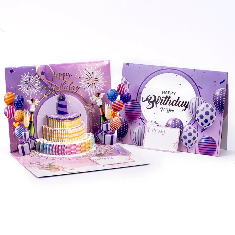 Chinese ink style 3D pop-up cake greeting card with music mechanism showing open and closed views