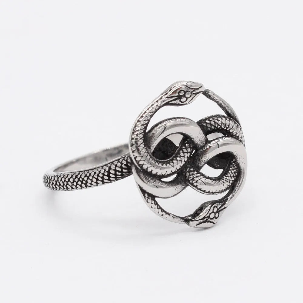 Steel-coloured titanium steel ring with a detailed double snake design on a grey background.