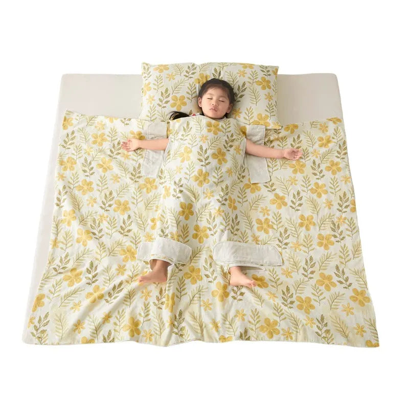 Light blue anti-kick summer blanket with antibacterial filler on a bed