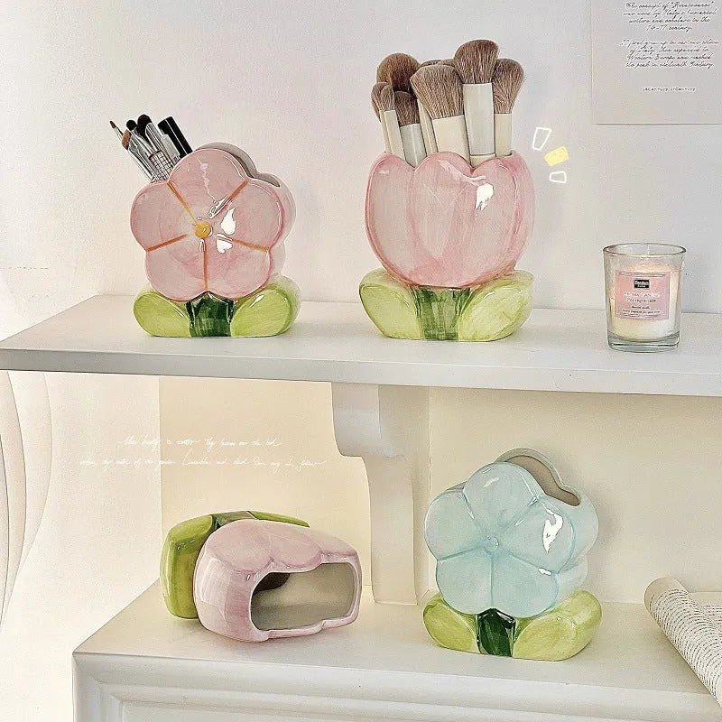 Ceramic flower pen holder storage box with tulip design in blue, pink, and purple colour patterns
