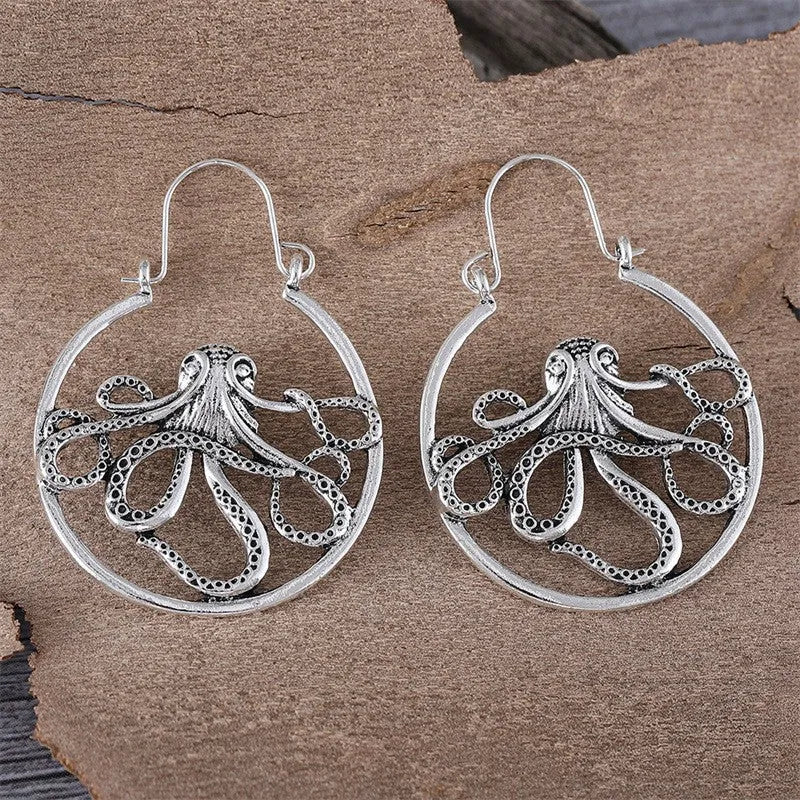 Vintage octopus earrings in antique silver finish with detailed animal zodiac design