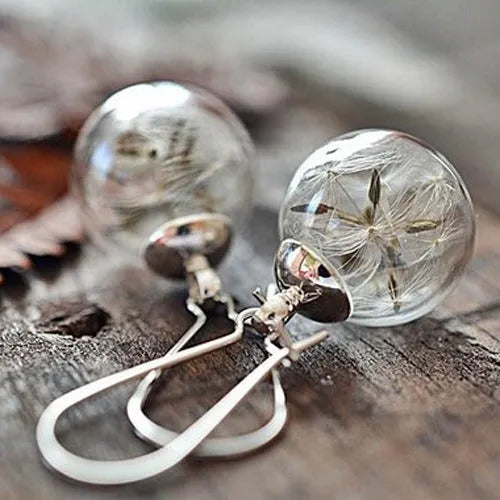 Transparent glass ball earrings with dandelion seed design on French hooks, 16mm diameter