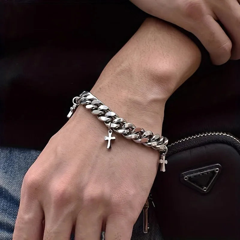 Men's titanium steel cross bracelet with geometric shape on wrist