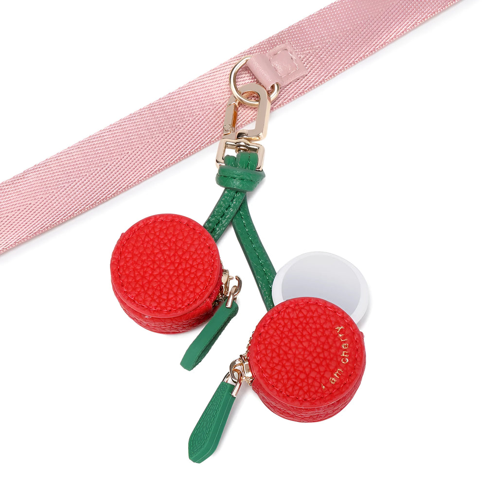 Mini cherry fruit keychain coin bag in PU leather with solid colour cherry option, showing small pouch on keyring