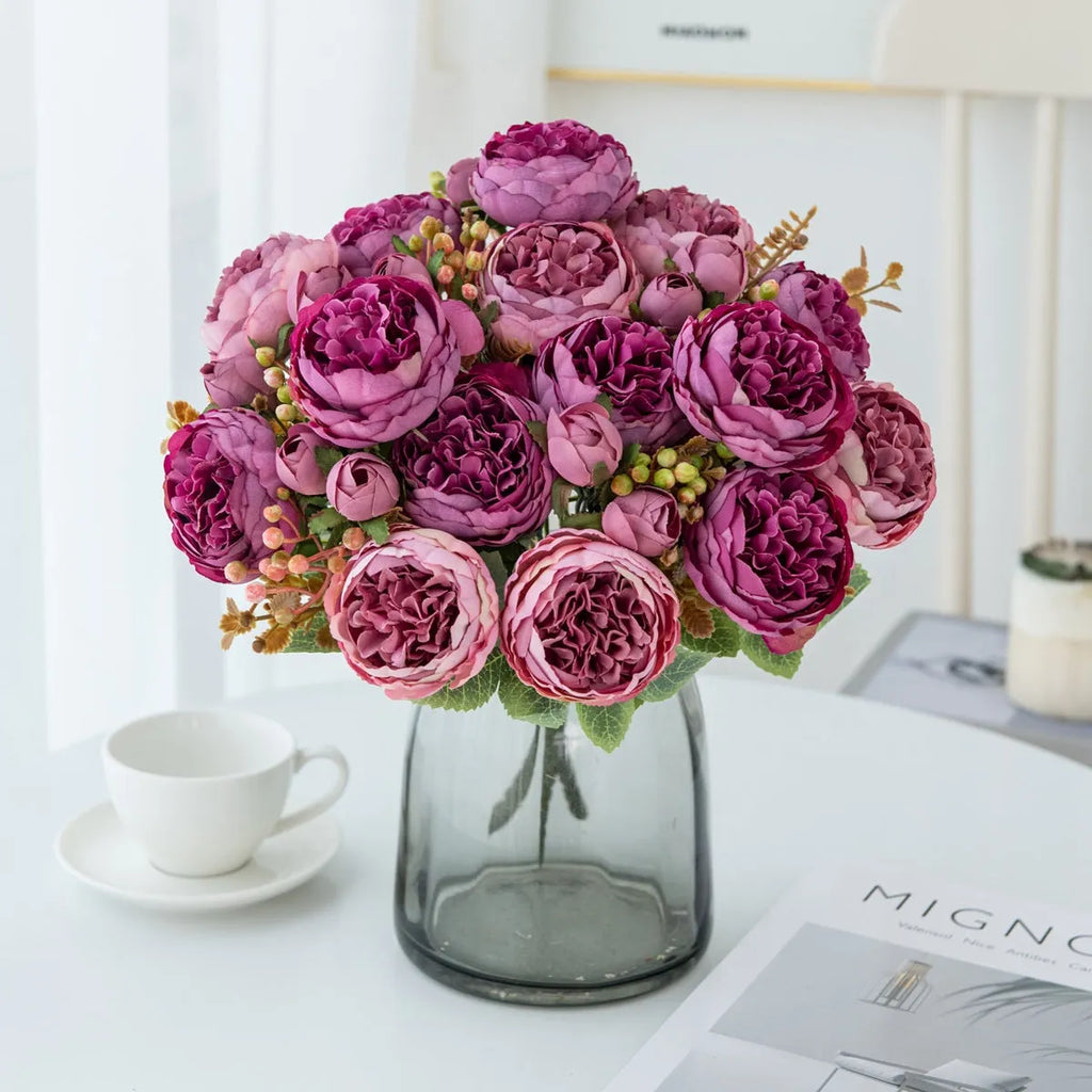 Artificial silk peony bouquet in champagne colour for home or wedding decoration.