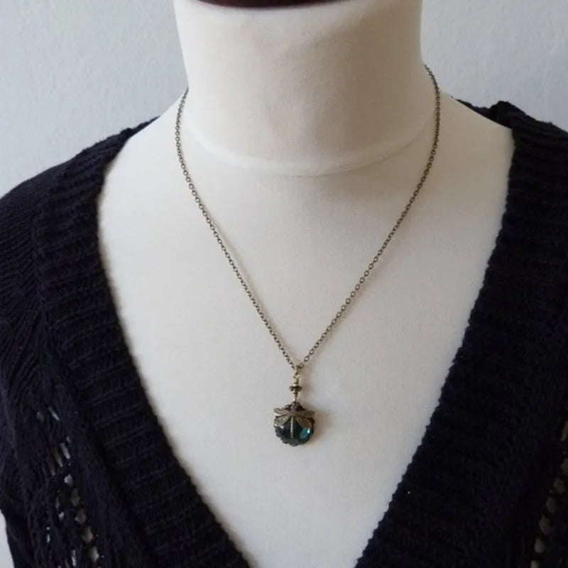 Yellow vintage bronze hand carved dragonfly pendant necklace with 925 silver components