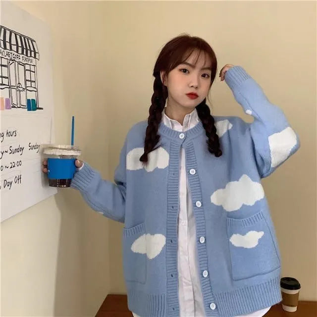 Blue women's cardigan with cloud pattern, loose fit, long sleeves