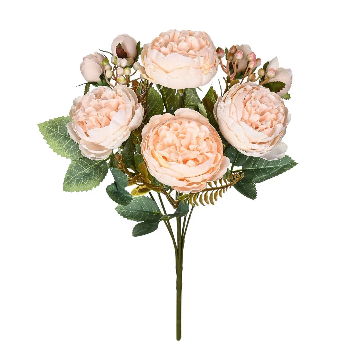 Silk artificial peony flower bouquet in a champagne colour for home or wedding decoration.