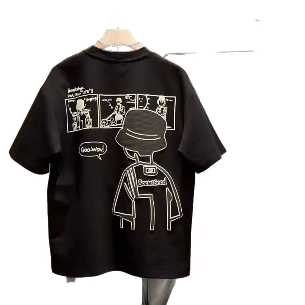 Men's printed cotton short sleeve crew neck T-shirt in black, straight cut, summer style