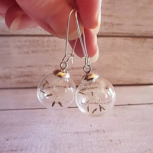 Transparent glass ball earrings with dandelion seed design on French hooks, 16mm diameter
