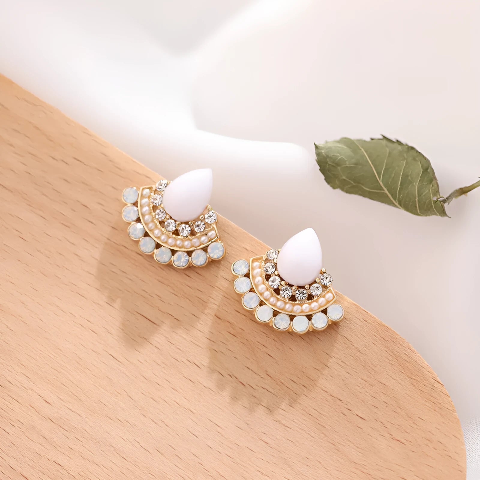 Women's retro fan-shaped geometric silver earrings with rhinestone accents on alloy construction