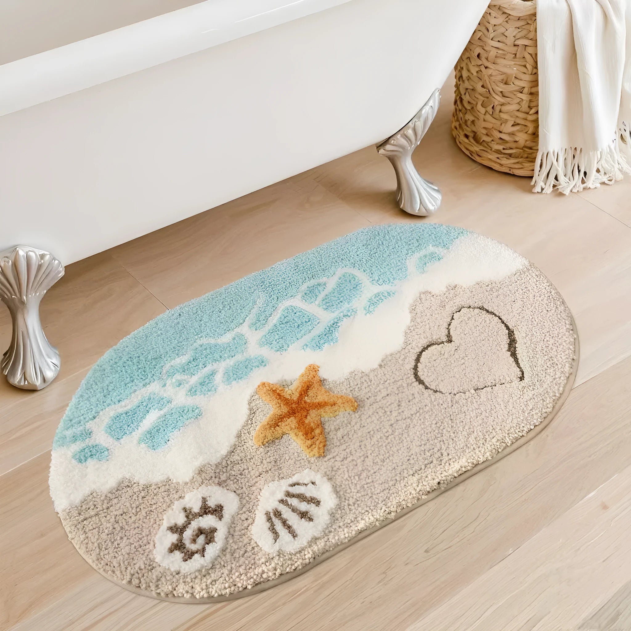 Square rainbow print cashmere carpet floor mat with blue and white sky sea colours and plastic bottom.