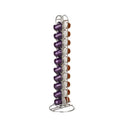 Black wrought iron coffee capsule storage rack holding pods on open shelves.