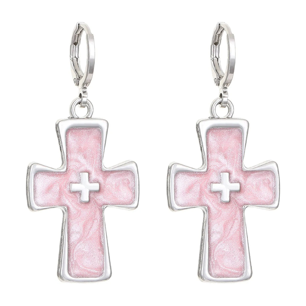 Women's alloy earrings with cross and character designs in five colour options including white cross and antique silver