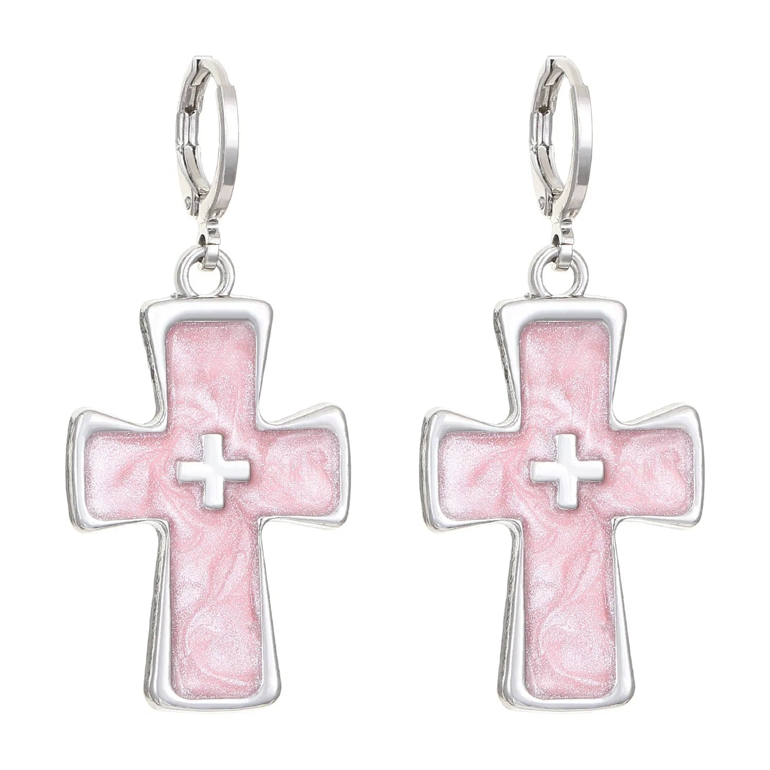 Women's alloy earrings with cross and character designs in five colour options including white cross and antique silver