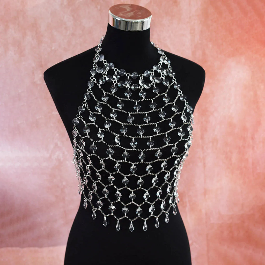 Hand-woven acrylic crystal sequins transparent body chain chest necklace round beads