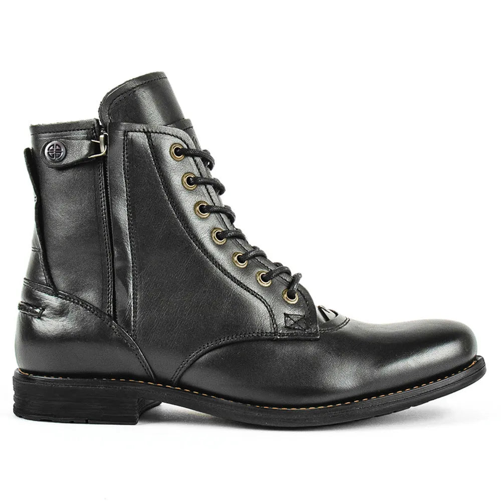 Knight Series two-tone black and brown men's leather boots with side zip.
