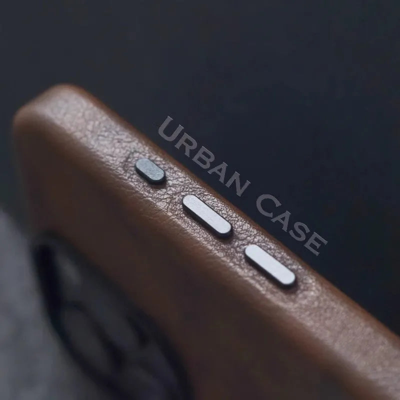 Genuine leather magnetic phone case for iPhone 15, brown colour, shockproof hard shell with anti-fingerprint finish