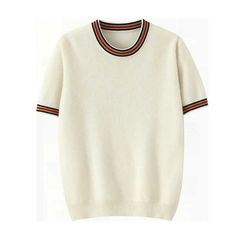 Men's grey pure wool short sleeve round neck sweater laid flat showing pullover design