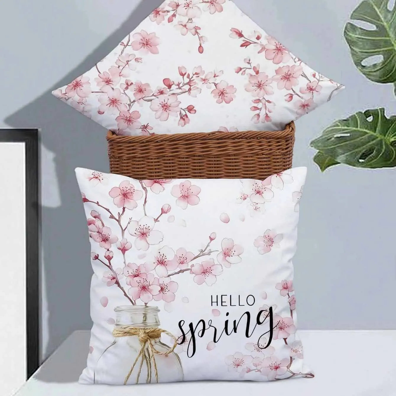 45cm square short velvet cushion cover with printed cherry blossom and letter design