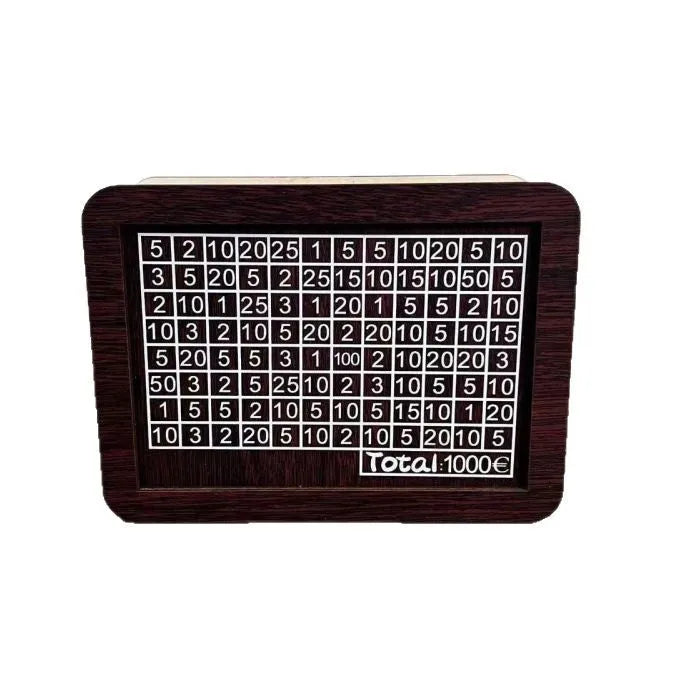 Wooden digital coin bank with LCD display showing savings total, in a choice of currency-themed designs.