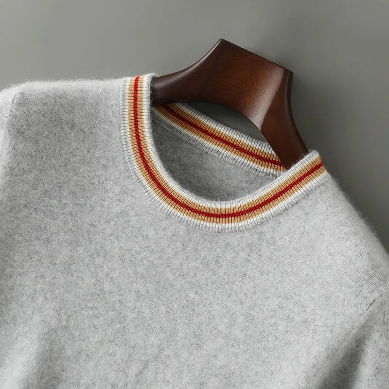 Men's grey pure wool short sleeve round neck sweater laid flat showing pullover design