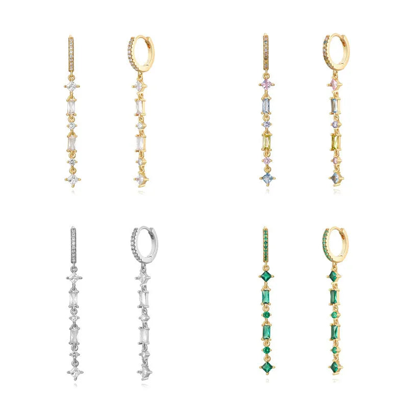 Geometric U-shaped ear clips with colourful zircon stones and silver needle copper detailing
