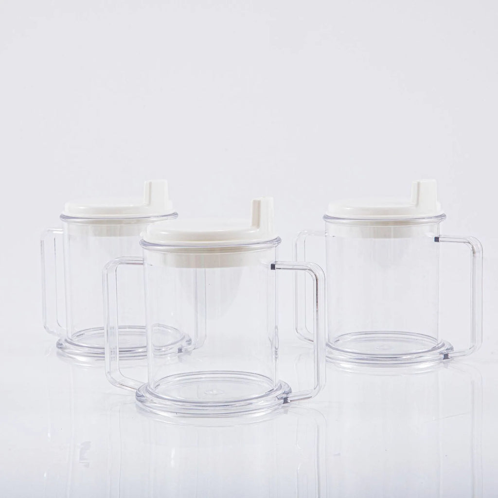 Transparent spill-proof drinking cup with modern design measuring 14cm tall
