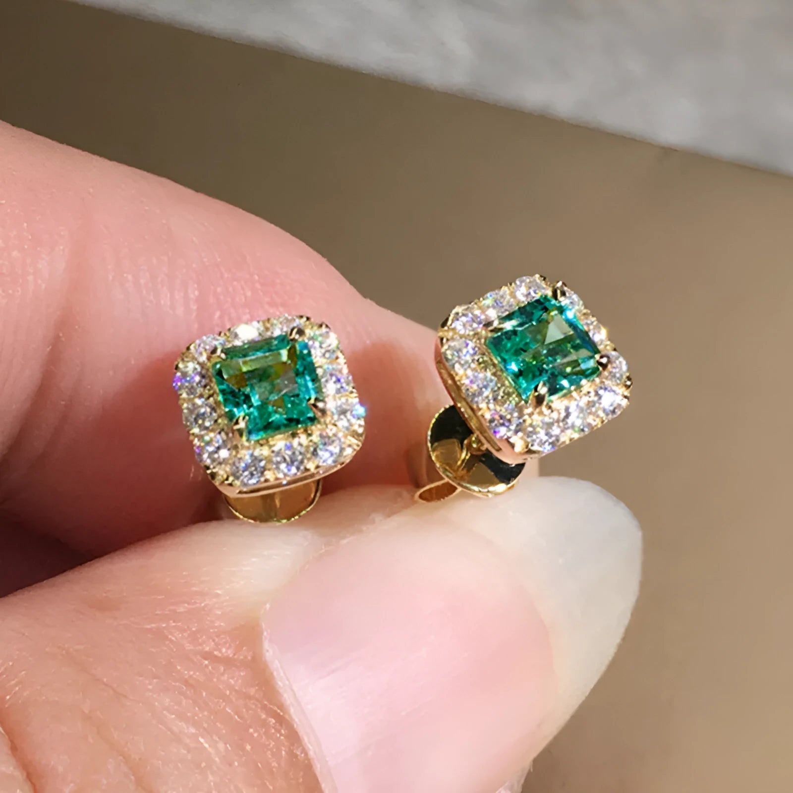 Bright grandmother green square zircon earrings on copper base with electroplated gold finish