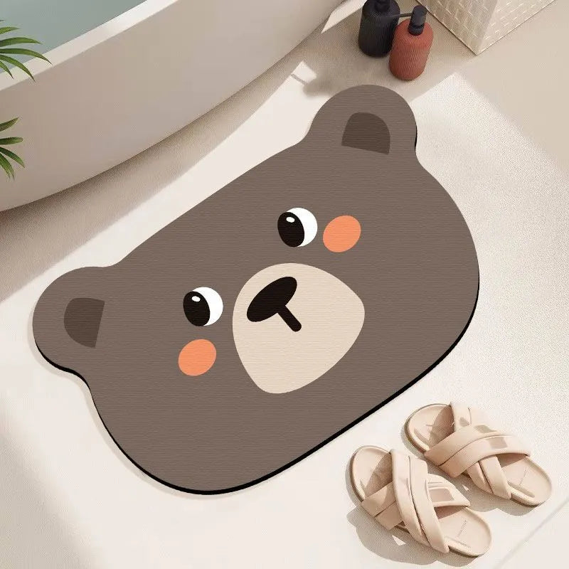 Diatomaceous earth bathroom absorbent mat with cartoon animal design in bathroom setting