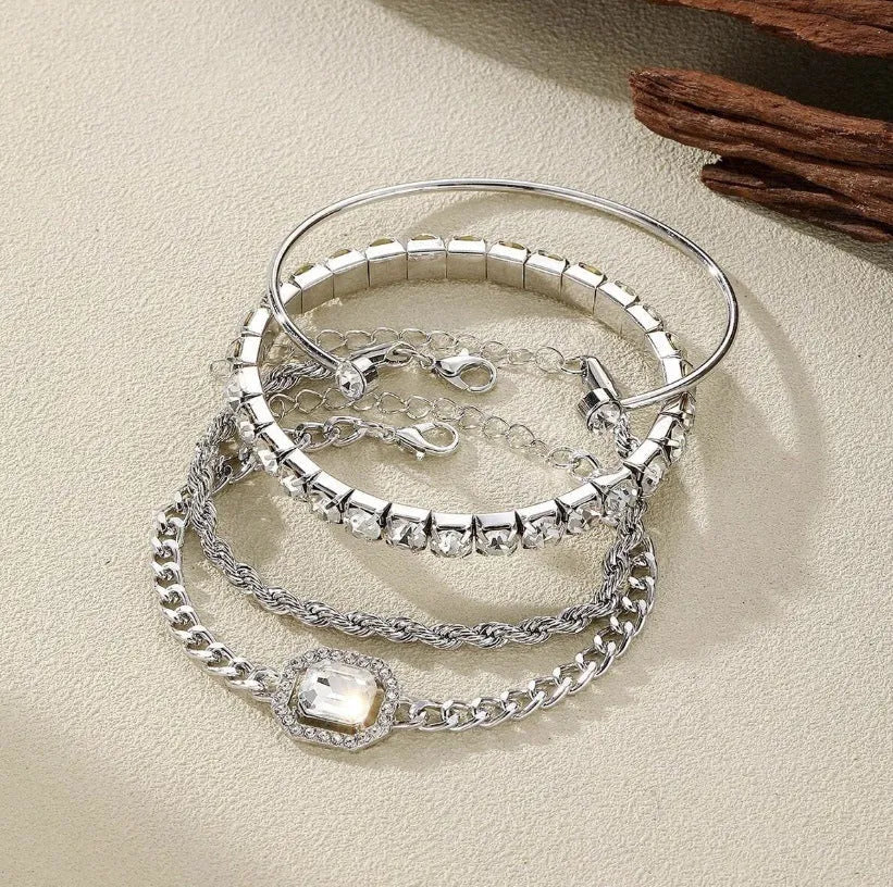 Women's retro geometric square diamond four-piece bracelet set in gold or silver alloy