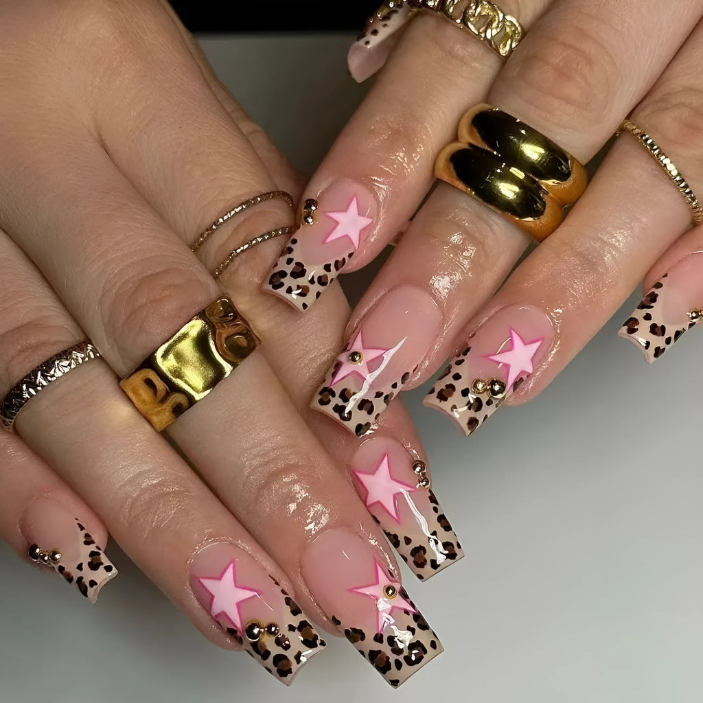 Wear Armor French leopard print five-pointed star press-on nails with pearl and diamond accents
