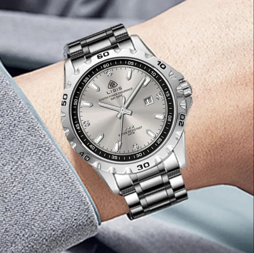 Silver stainless steel men's watch with luminous hands on a black dial, showing business style