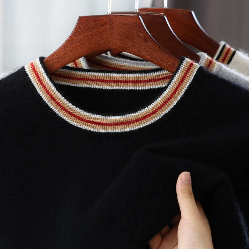 Men's grey pure wool short sleeve round neck sweater laid flat showing pullover design