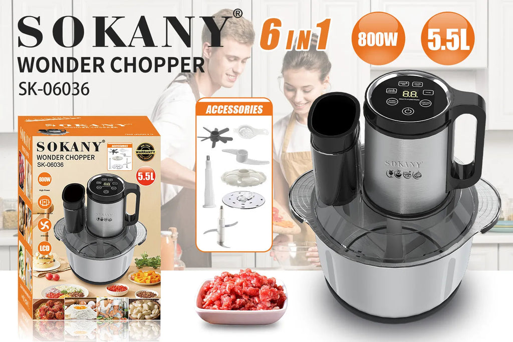 Dark metallic grey stainless steel meat grinder and vegetable cutter with 5L capacity bowl