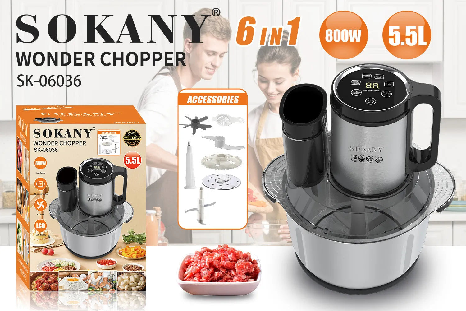 Dark metallic grey stainless steel meat grinder and vegetable cutter with 5L capacity bowl