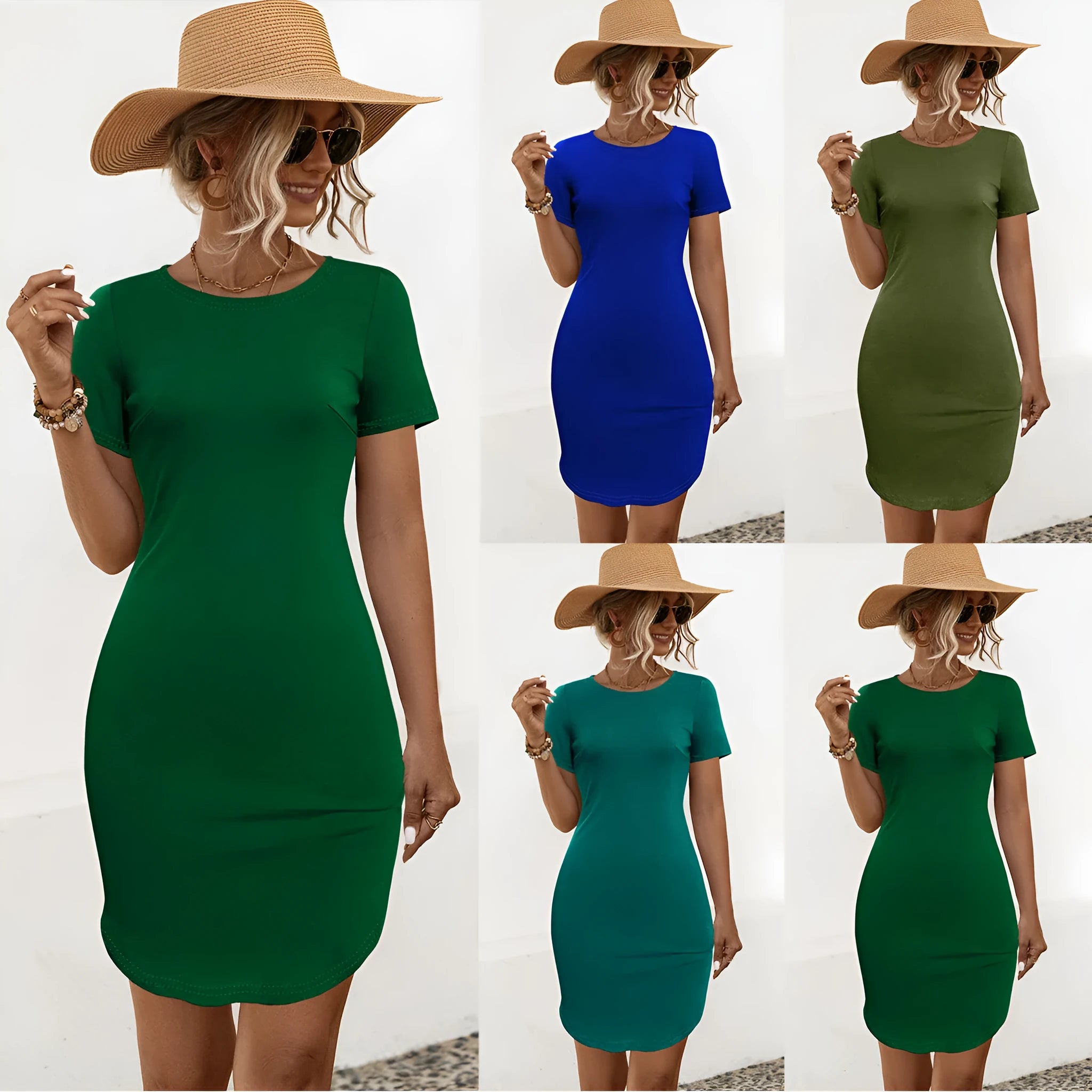 Women's slim fit short sleeve dress with U-neckline and split hem in Army Green