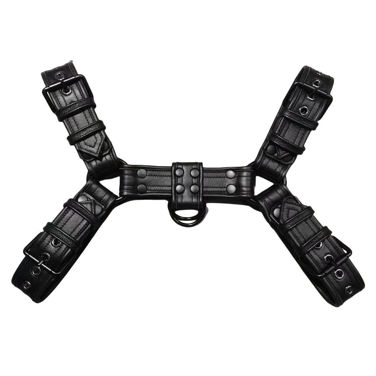 Black leather chest bondage strap with metal buckle and rivet details for cosplay and festival outfits